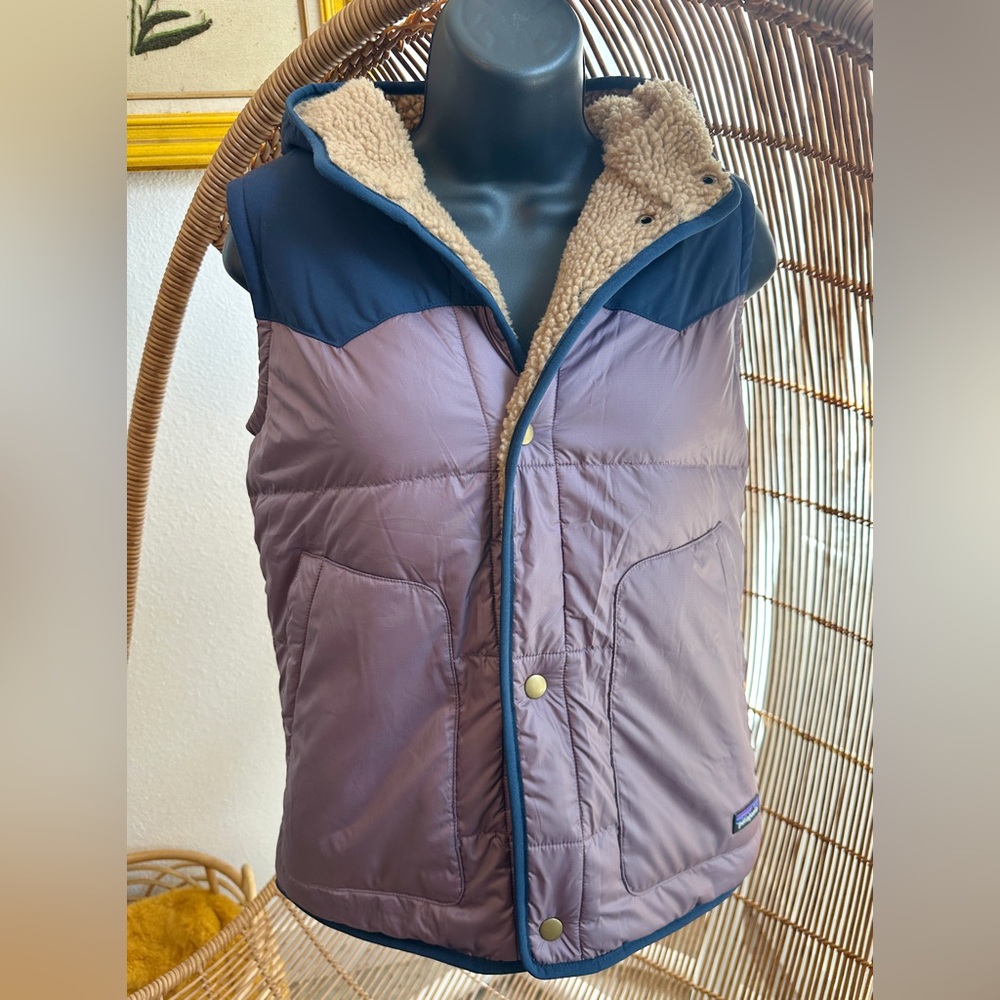 Patagonia Reversible Bivy Hoody Vest Purple/Blue & Fleece Brown Down XL/14 Kids
